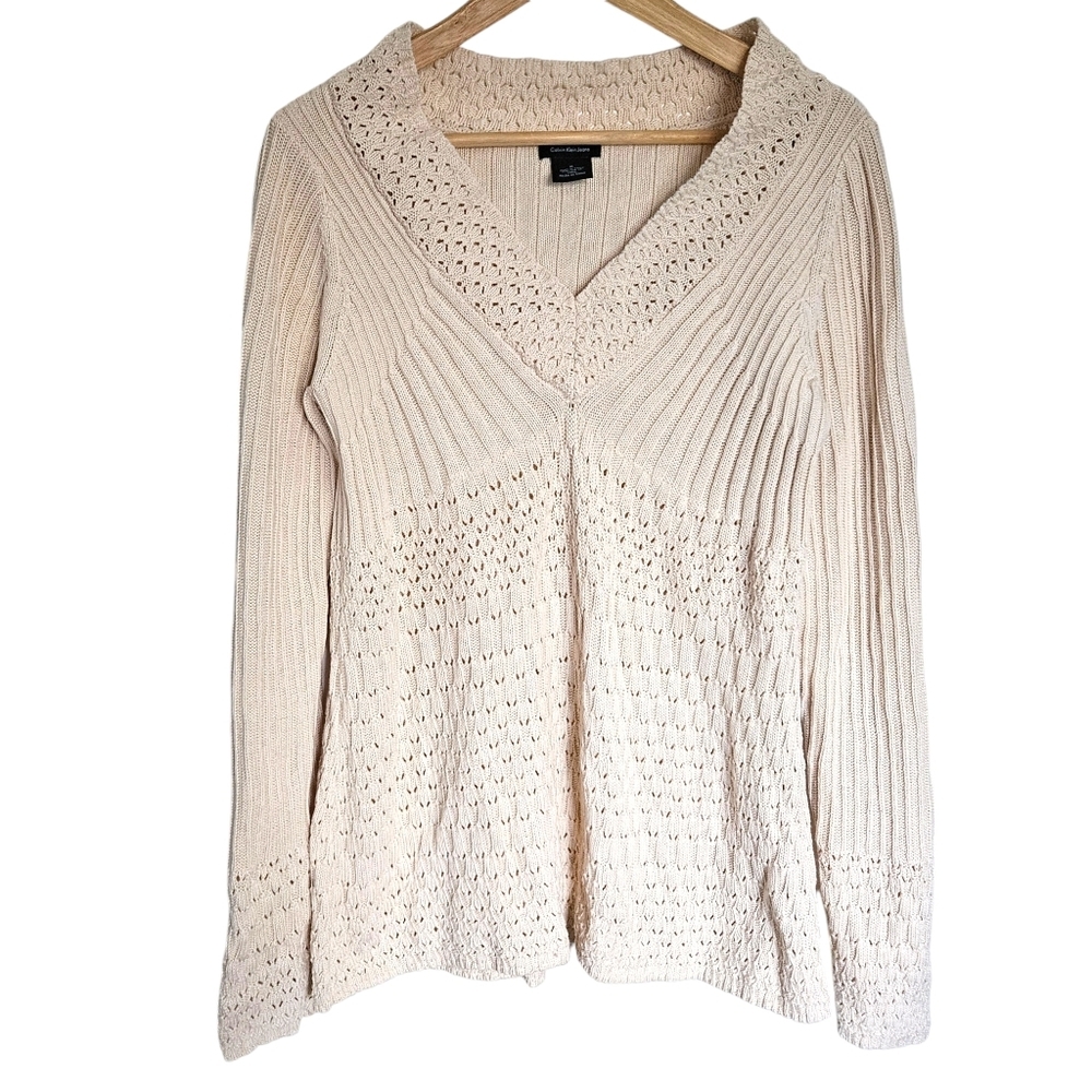 Calvin‎ Klein beige cotton pointelle knitted v-neck sweater